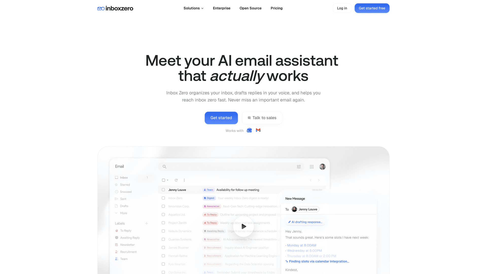 Inbox Zero homepage showing AI email assistant interface with inbox labels, email list, and AI-drafted response preview